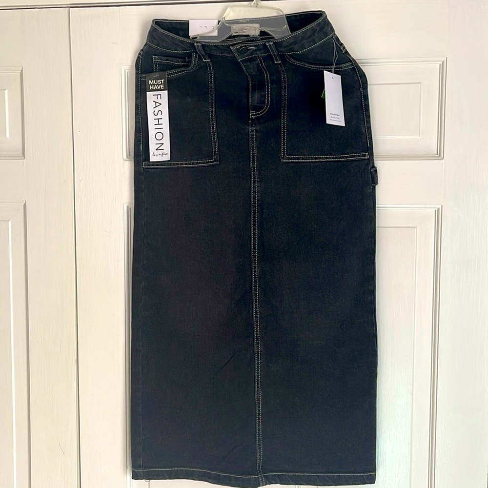 Black denim jean midi jean skirt